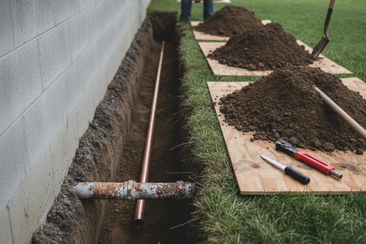 Excavated water line trench during Sewer Line Repair in Waite Park